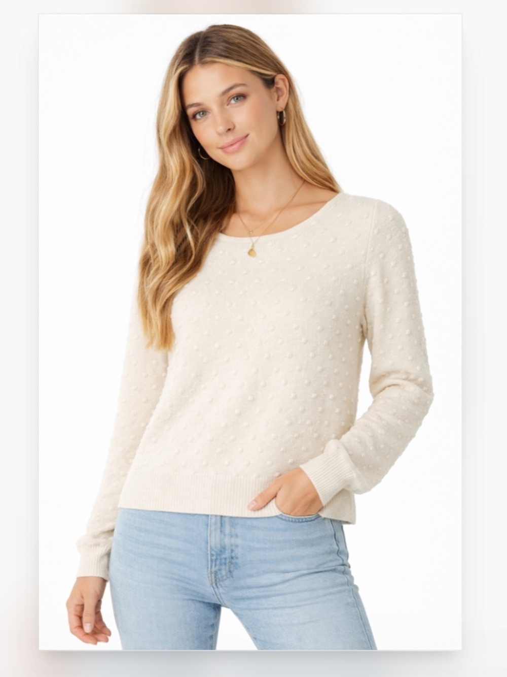 Saltwater Luxe Cozy Raised Dot Textured Knit Feminine Sweater Cream Size Large